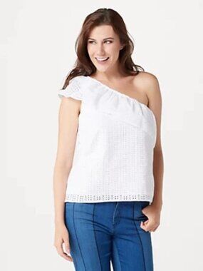 Du Jour One Shoulder Eyelet Top with Flounce Detail White Large # A366310